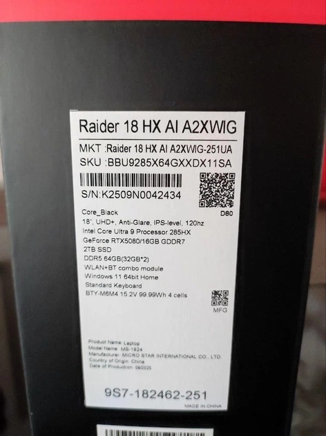 MSI Raider 18 HX AI A2XWIG (A2XWIG-014US) 18";Mini LED;3840x2400 Процесор: Intel Core Ultra 9 285HX Відеокарта: NVIDIA GeForce RTX 5080 ОЗП: 64 ГБ SSD: 4000 ГБ ОС: Windows 11 Hom