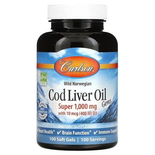 Carlson Wild Norwegian Cod Liver Oil Gems 1,000 mg 100 Soft Gels