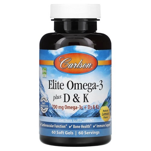 Carlson Elite Omega-3 Plus D & K 60 Soft Gels