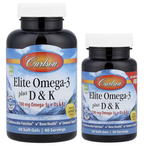Carlson Elite Omega-3 Plus D & K Natural Lemon 60+30 Soft Gels